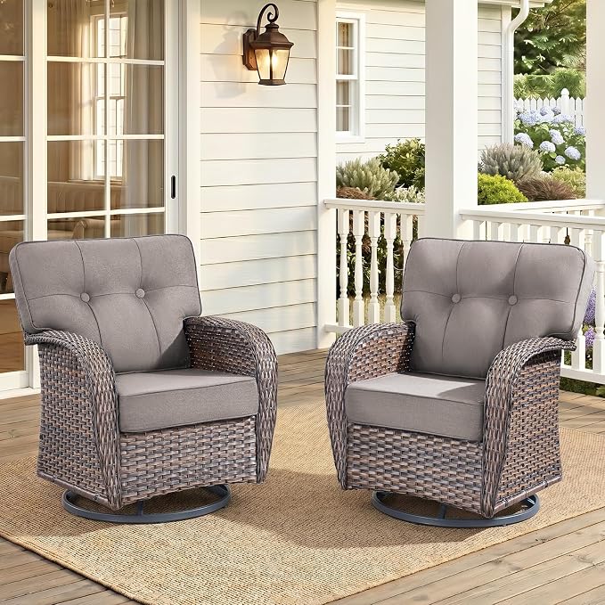 2-Piece Wicker Patio Furniture Set with 5-Inch Thick Cushions Weather Resistant Rattan High Back Swivel Rocker Chairs Senior Friendly Conversation Set for Small Porch Deck Sunroom Brown/Grey