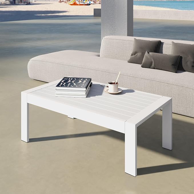 Kiss the Water Aluminum Patio Coffee Table – All-Weather Outdoor Table with Sturdy Metal Frame, Perfect for Backyard, Porch, Garden, Poolside, and Balcony, White