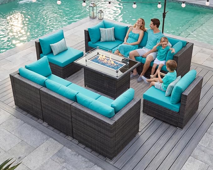 BULEXYARD 9 Piece High Back Outdoor Sectional Seating with Fire Pit Table, Heavy Duty Sturdy Wicker Patio Set Conversation Couch Sofa, Extra Wide Deep Large 8-Person Deck Furniture Set, Grey & Teal