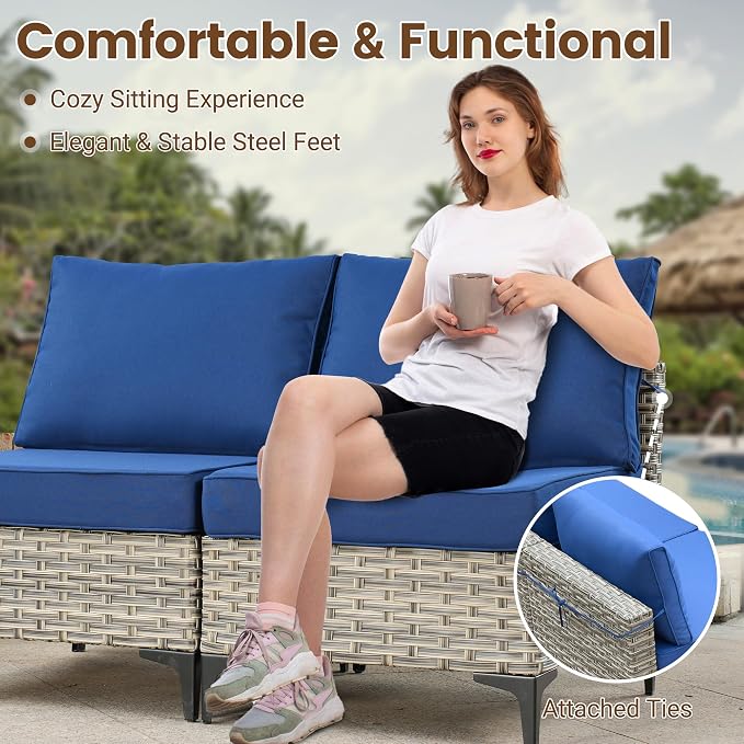 10 Pieces Wicker Patio Furniture Set,Outdoor Sectional Sofa with Swivel Chairs Coffee Table,Outside Deep Seat Rattan Couch Conversation Set,Navy Blue