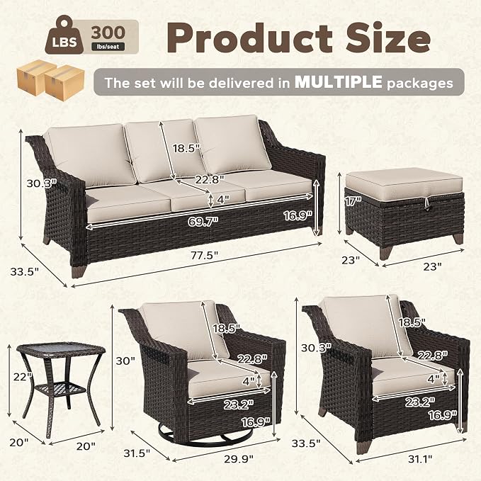 11 Pieces Patio Conversation Furniture Set - 1 Sofa, 2 Ottoman, 2 Armchairs, 4 Swivel Chairs, 2 Side Tables, Outdoor Wicker Furniture with Removable Cushions for Porch, Sunroom (Beige)