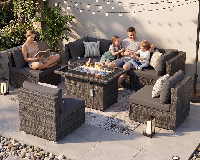 BULEXYARD 7 Piece High Back Outdoor Furniture Set with Fire Pit, Contemporary All Weather Wicker Patio Couch Sofa Set, Extra Large Modular 6-Seater Sectional Backyard Seating Wide Deep for Lawn, Grey