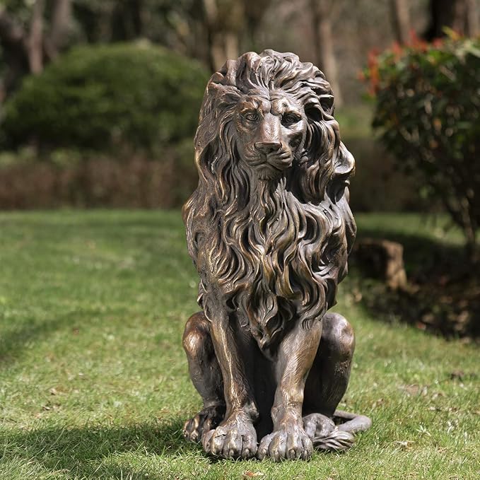 20.5" Brown Lion Statue, Resin Outdoor Guardian Sculpture | Weather-Resistant Finish, Simulated Animal Decor, For Villa Garden Park Resort, Home Courtyard