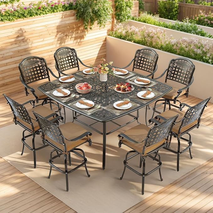 VIVIJASON Patio Cast Aluminum High Bar Table for 6-8, Outdoor 64" Large Square High Dining Table with 2.2" Umbrella Hole, Weather-Resistant Patio Dining Table for Deck Garden Backyards, Dark Bronze