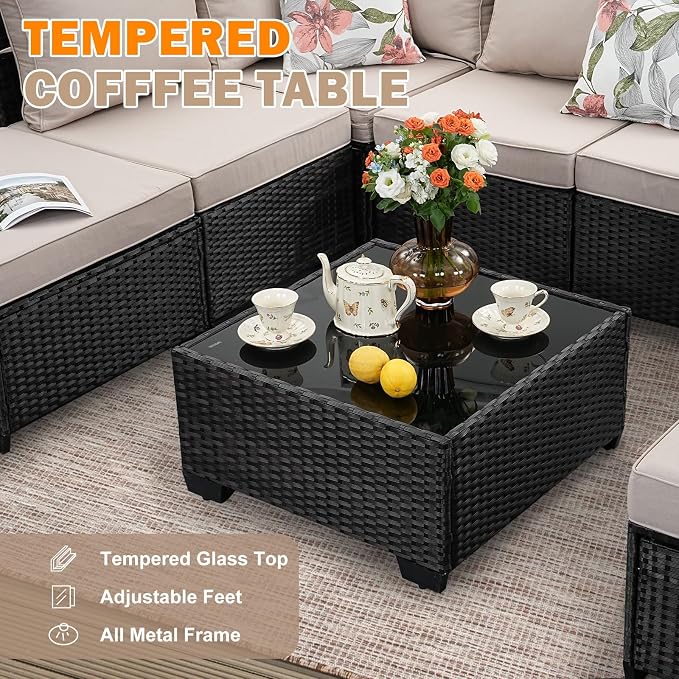 6-Piece Outdoor Patio Furniture Set, Modular Wicker Sectional Sofa with Thick Cushions & Coffee Table, All-Weather Rattan Conversation Set for Backyard, Porch, Poolside, Beige
