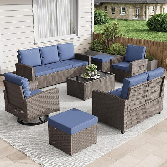 7-Piece Outdoor Patio Furniture Set with Wicker Rattan Sectional Sofa, Swivel Chairs, Ottomans, Coffee Table and Comfy Cushions, All-Weather Conversation Set for Balcony, Deck, Garden, Backyard Lounge