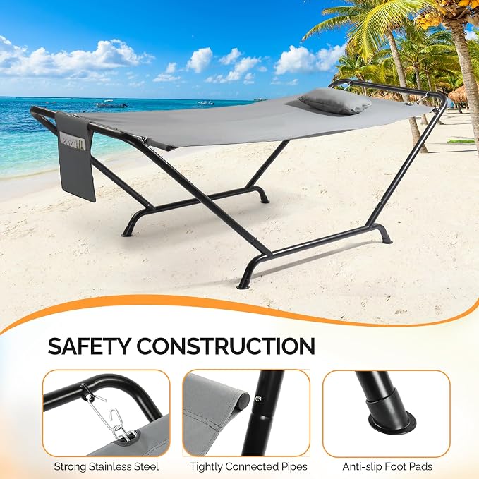 ONCLOUD Freestanding Hammock with Stand, 600LBS Heavy Duty Outdoor Hammock, Safety Cofy Outdoor Hammock with Stand, 4 Point Hammock Bed for Yard, Patio,Bedroom- with Soft Pillow & Storage Bag (Grey)