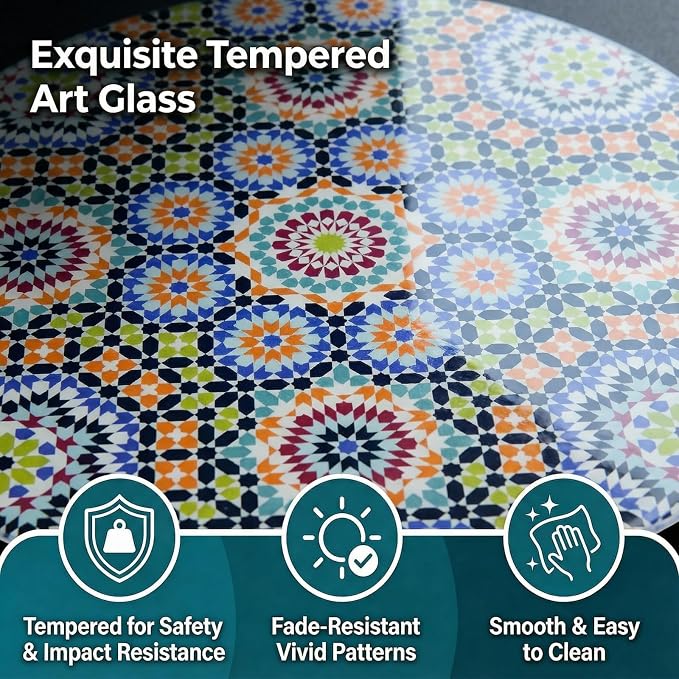 13.4" Outdoor Side Table, Round Patio Bistro Table Printed Tempered Glass Top, Waterproof Rust-Proof Base, Small Plant Stand for Balcony, Garden, Deck, 21.6" H (Morocco)