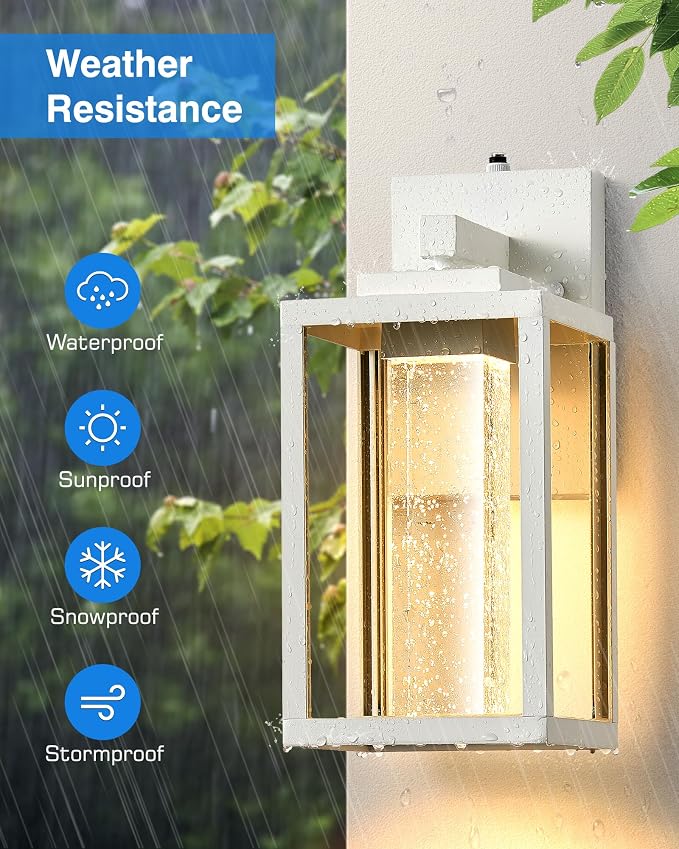 VIANIS White Outdoor Garage Lights Wall Mount, 2 Pack Dusk to Dawn Outdoor Coach Lights for House with Integrated 10W LED Light Source Crystal Bubble Glass, Modern Exterior Porch Light Wall Sconce