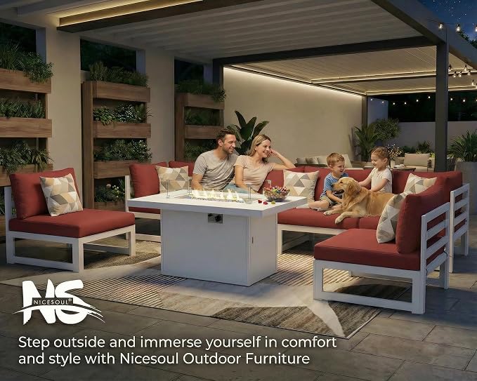 NICESOUL 9 Piece Oversized Modular Aluminum Outdoor Furniture Set with Fire Pit Table, 29" Deep Wide Sectional Seating, 500 lbs High Weight Capacity Patio Conversation Set for Garden Deck, Burgundy