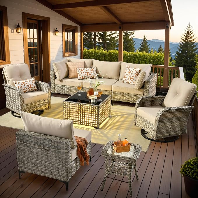 Patio Sectional Outdoor Furniture Set with Swivel Rocking Chairs and Glowing Table,8 Pieces Wicker Conversation Sets L Shaped Couch Out Door Sofa Outside Furniture for Garden Deck Yard Porch,Beige