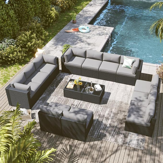 LazySunsets 14 Piece Outdoor Patio Furniture Set with Coffee Table, Outdoor Patio Furniture Set with 4'' Thicken Cushion, Wicker Rattan Outdoor Conversation Set for Backyard & Garden, Light Grey