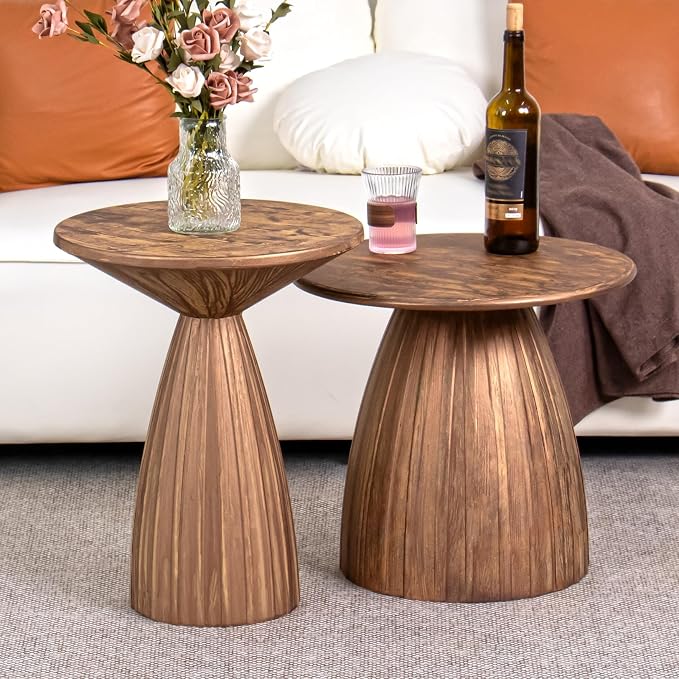 Metal Small Patio Table Set of 2, Round Outdoor Side Table, Wood Color Outdoor Accent Patio End Table, for Garden, Pool, Deck, Balcony, Yard, Living Room, Weather Resistant, No Assembly