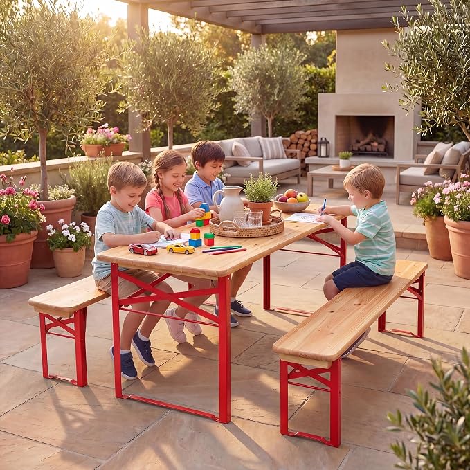 HONEY JOY Kids Picnic Table, 43.5 Inch Folding Toddler Outdoor Table & 2 Benches, Fir Wood Top & Metal Frame, No Assembly, Portable Easy to Store Camping Table and Chairs for Patio Backyard (Red)