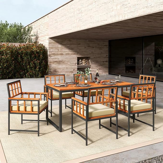 Tangkula 7 Pieces Patio Dining Set, Outdoor Acacia Wood Table and Chairs with Soft Cushions and 1.96” Umbrella Hole for Backyard, Garden, Poolside (Beige)