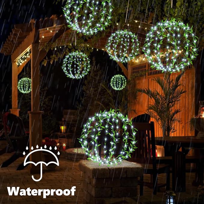 Joomer Solar Ball Lights Outdoor, 2-Pack 13in & 11in Total 264 LED, White | Solar Powered Hanging Globe Metal Sphere Lights, 8 Modes Waterproof with Hooks for Patio Garden Gazebo Decorative Tree Decor
