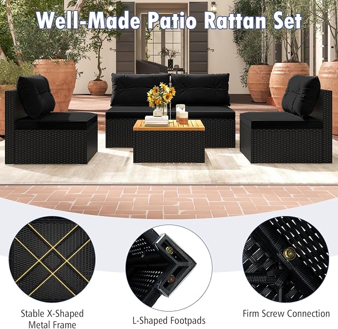 RELAX4LIFE 5-Piece Wicker Outdoor Furniture - PE Rattan Sectional Conversation Set w/4 Armless Sofas & Acacia Wood Coffee Table, Cushioned Patio Sofa Set for Garden Poolside Backyard Porch (Black)