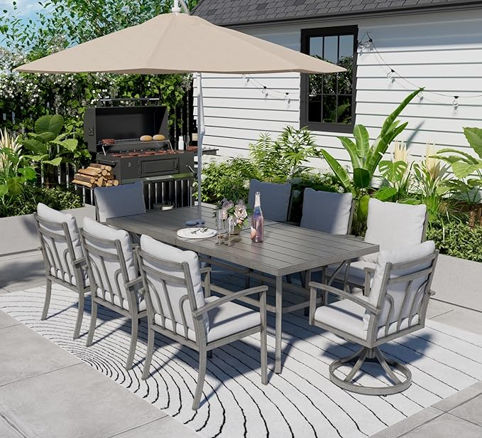 HAPPATIO 9-Piece Patio Outdoor Dining Set - All Aluminum Patio Table and Chairs Set for 8 Includes 1 Rectangular Table, 6 Dining Chairs, and 2 Swivel Chairs with Cushions for Lawn, Garden