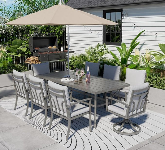 HAPPATIO 9-Piece Patio Outdoor Dining Set - All Aluminum Patio Table and Chairs Set for 8 Includes 1 Rectangular Table, 6 Dining Chairs, and 2 Swivel Chairs with Cushions for Lawn, Garden