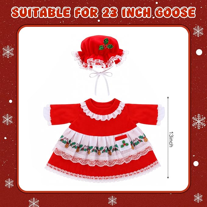 2 Pcs/Set Christmas Mrs. Claus Porch Goose Outfits, Lawn Goose Statue Mrs. Claus Costume, Red Green White Christmas Garden Goose Clothes Dress and Hat for 23" High Statue Xmas Holiday Patio Yard Decor