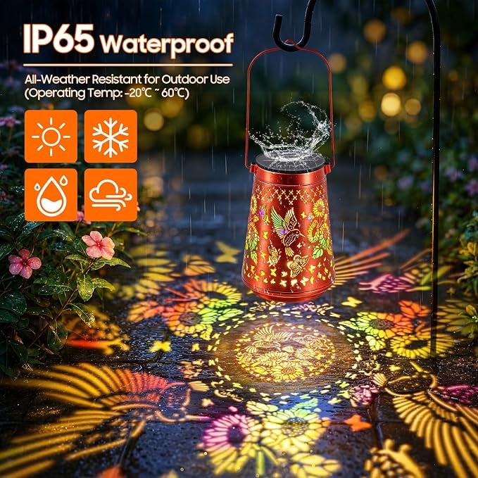 2 Pack Solar Lanterns Outdoor Waterproof Birthday Gifts for Women Mom | Colorful Hollow Metal Sunflowers Butterflies Hummingbirds Lantern, 2 Modes Hanging Solar Lights for Gardens, Patios Decor