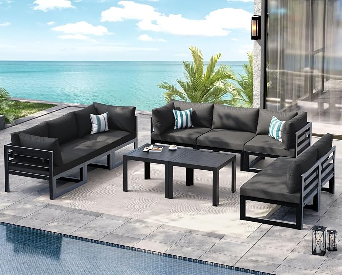 NICESOUL Aluminum Patio Furniture Set 8 Seat, 29" Deep Seating, Modern L Shaped Modular Outdoor Sectional Sofa with Coffee Table, Oversized Comfortable Conversation Set for Backyard Garden, Dark Gray