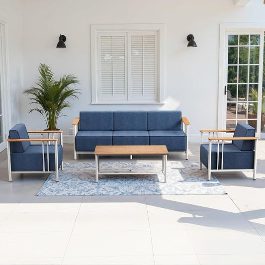 Luxury Patio Furniture Set with 10" Extra Thick Cushions, 4 PCS Outdoor Furniture Set with Patio Chairs & Couch & Coffee Table, Suitable for Porch, Balcony, Deck, Yard, Poolside, White/Blue