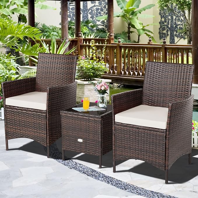 COSTWAY 3 Pieces Patio Rattan Furniture Set, Outdoor Wicker Cushioned Sofa with Tempered Glass Tabletop, Rattan Conversation Set for Porch Yard Balcony Backyard Pool, White