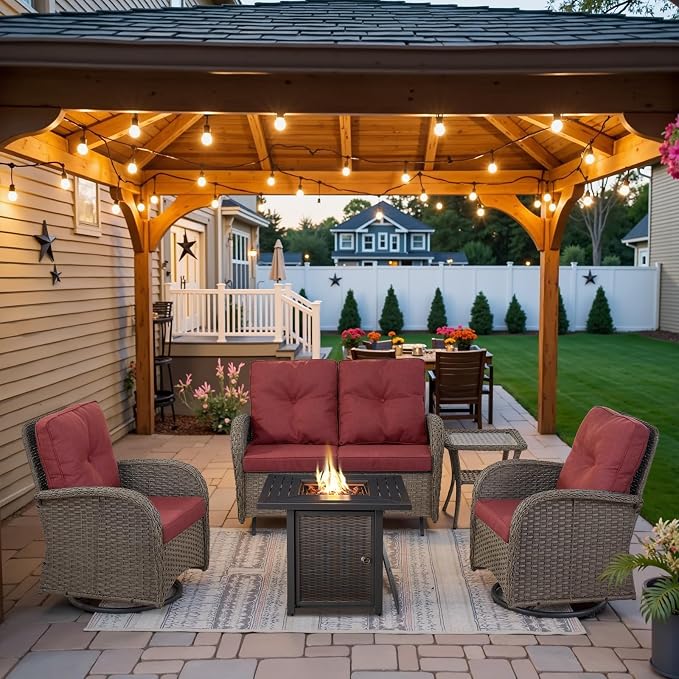 Belord 5 Pieces Patio Furniture Set with 30” Propane Fire Pit Table, Deep Seating Swivel Rocker Glider Outdoor Chairs Set of 4 with Side Table Set of 2 Patio Conversation Set Gray Wicker Red Cushion