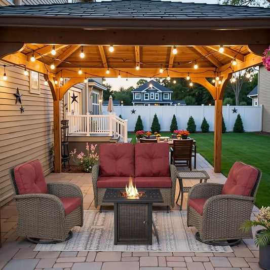 Belord 5 Pieces Patio Furniture Set with 30” Propane Fire Pit Table, Deep Seating Swivel Rocker Glider Outdoor Chairs Set of 4 with Side Table Set of 2 Patio Conversation Set Gray Wicker Red Cushion