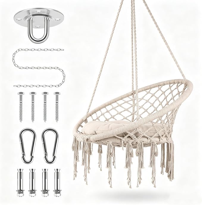 Hanging Hammock Chair, Outdoor Swing Chair, 330 LBS Portable Hanging Swing, Boho Hanging Swing for Bedroom Balcony Living Room Garden Porch Indoor Outdoor Daily Leisure