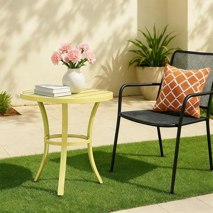 19.9" Metal Outdoor Round Side Table, Patio Side Table End Table for Porch Backyard Balcony Outside (Light Yellow)