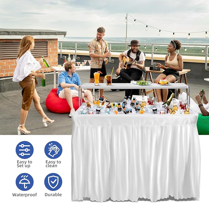 4ft Portable Ice Cooler Folding Table, Dual-Level Design, Built-in Drain, Detachable Skirt, Perfect for Outdoor Parties, Camping, Picnics, Pools, White
