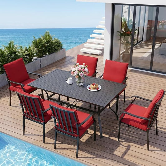 LVUYOYO 7-Piece Outdoor Patio Dining Set, Metal Stackable Chair & Rectangular Table Set, All-Weather Furniture for Backyard, Garden,Balcony,Porch (Red)