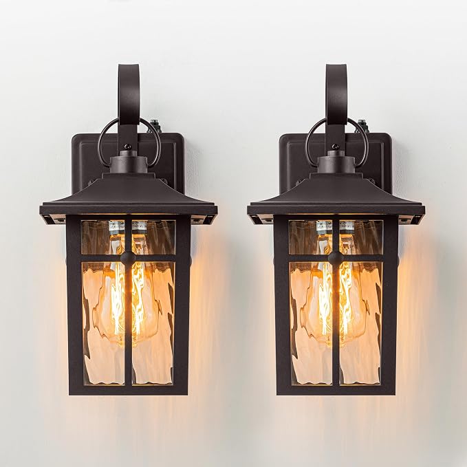 2 Pack Dusk to Dawn Outdoor Wall Lights, Bronze Porch Lanterns | Aluminum Garage Light, Ripple Glass, Weather Resistant, For Garage Patio Entryway