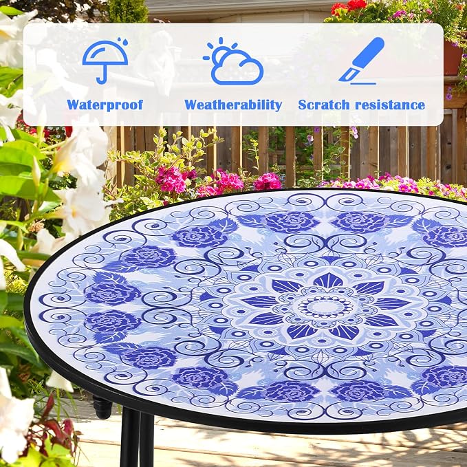 14'' Outdoor Round Side Table, Blue and White Porcelain Pattern Plant Stand,Mosaic End Table,Bistro Accent Table for Garden Yard Parch Balcony,Dark Blue