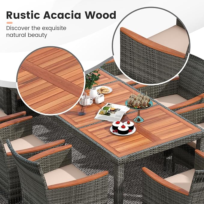 9 Pieces Outdoor Wicker Dining Set with Umbrella Hole, Patio Dining Furniture Set with Acacia Wood Table and Chairs, Garden Dining Table Set for Backyard, Desk, Poolside (Gray)