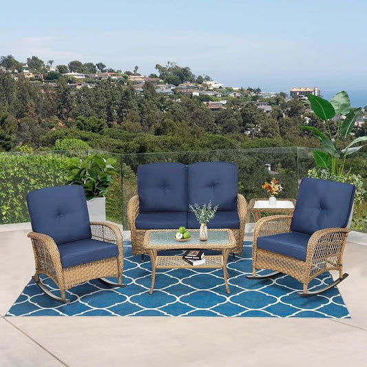 VIVIJASON 5-Piece Outdoor Patio Wicker Conversation Sets, All Weather Outdoor Rattan Furniture Set Includes Glider Loveseat, 2 Coffee Table, 2 Rocking Chairs with Cushions for Backyard, Navy Blue