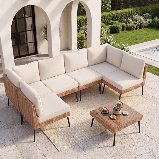 Aoxun 7-Piece Patio Furniture Set, Wicker Outdoor Furniture with Water Resistant Thick Cushions, Patio Conversation Set Outdoor Sectional Sofa with Coffee Table for Backyard Poolside, Beige