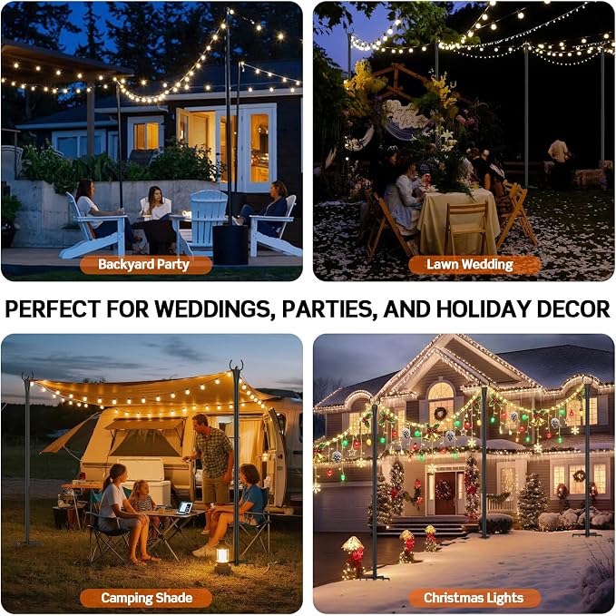 String Light Poles for Outside, 10ft Outdoor Poles for String Lights, Heavy Duty Stepped-in 5-Prong Base Light Pole for Backyard, Patio, Garden, Wedding & Party Decor (2 Pack)