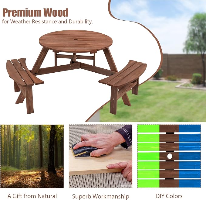 6-Person Circular Outdoor Wooden Picnic Table for Patio, Backyard, Garden, DIY w/ 3 Built-in Benches, 1720lb Capacity - Brown