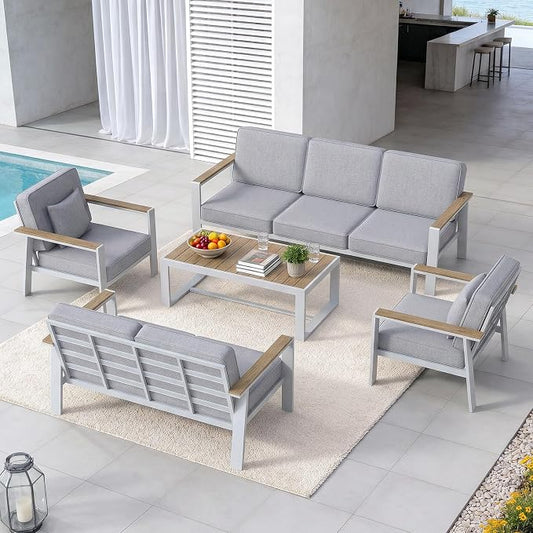 Premium Aluminum Patio Furniture Set 5 Piece,Outdoor Conversation Set with Wide Armrest,5" Thick Cushions, Olefin Fabric,Rustproof Metal Frame,Deep Seating Patio Sofa Set for Backyard,Deck,villa,White