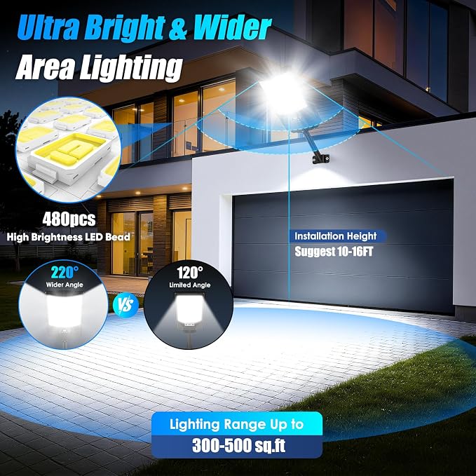 6-Pack Solar Street Lights Outdoor Waterproof, 6500K 24000LM LED Flood Lights with Motion Sensor, Dusk to Dawn Solar Light for Outside, Solar-Powered Security Lighting for Parking Lot Area Garage Yard