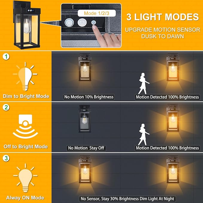 Solar Wall Lights Outdoor, Solar Sconce Lantern with 3 Lighting Modes | Motion Sensor, Porch Light Fixture Outside Waterproof with Clear Panel for Garage Yard Front Door Shed (2 Pack)