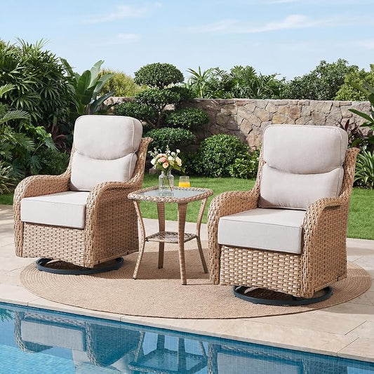 Luxury Outdoor Swivel Rocker Patio Chairs Set of 3, High Back Swivel Patio Chairs with Side Table & 6-Inch Thick Cushions, Wicker Outdoor Bistro Set for Porch, Yard, Deck, Poolside, Yellow/Beige