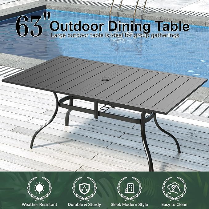 Patio Dining Table for 6,Large Rectangle Outdoor Table with Adjustable Umbrella Hole,63" x 38",Black