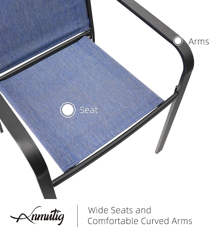 Outdoor Patio 37" Square Glass Table and Navy Stackable Chairs Dining Set 5 | 4 Piece Stackable Chairs Textilene Seat and Back, Table & Chair with Metal Frame, Square Glass Table Top, 1.7" Umbrella Hole