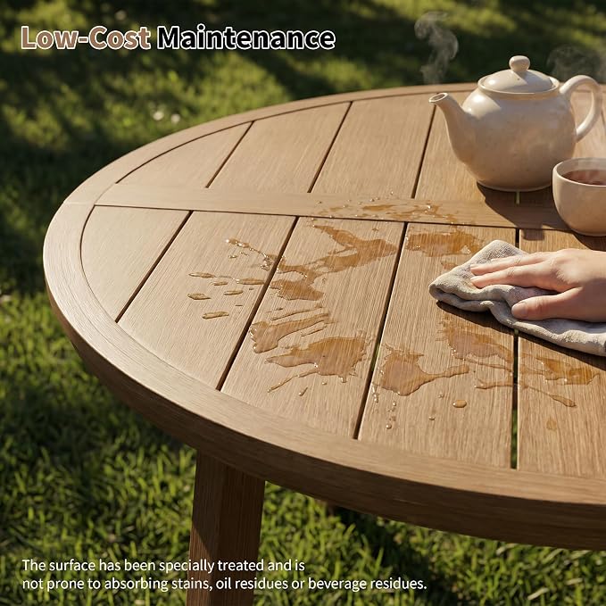 41" All-Aluminum Round Outdoor Dining Table, Modern Faux Wood Grain Patio Table with Umbrella Hole, Rust-Resistant Metal Dining Table for Garden, Backyard, Poolside & Lawn, Teak