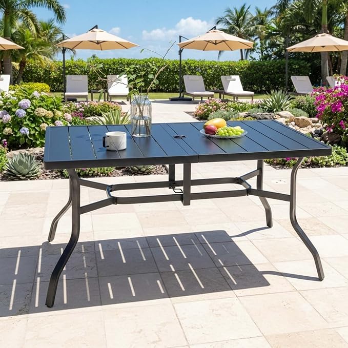 Thanaddo 57" Outdoor Patio Dining Table, Metal Rectangular Table with 2.16" Umbrella Hole, Weather-Resistant Slatted Steel Table for Backyard, Garden, Poolside, Black