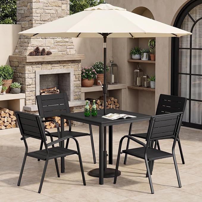 VINGLI Outdoor Patio Dining Set,5 Piece Square Table Patio Furniture Set,HDPE All-Weather Material Outdoor Dining Table and Chair for Garden, Backyard, Poolside,Black